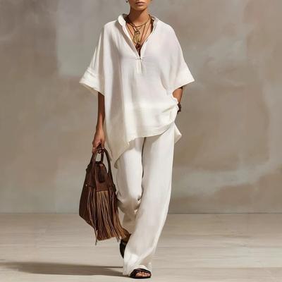 Women's Summer/Fall Casual Relaxed-Fit Solid-Color Shirt and Wide-Leg Pants Set