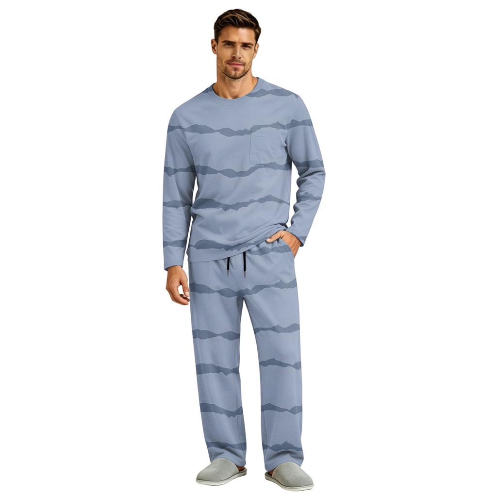 Men's Pajama Set Long Sleeve Top and Long Pants with Button Crotch and Elastic Drawstring Waist for Home Loungewear