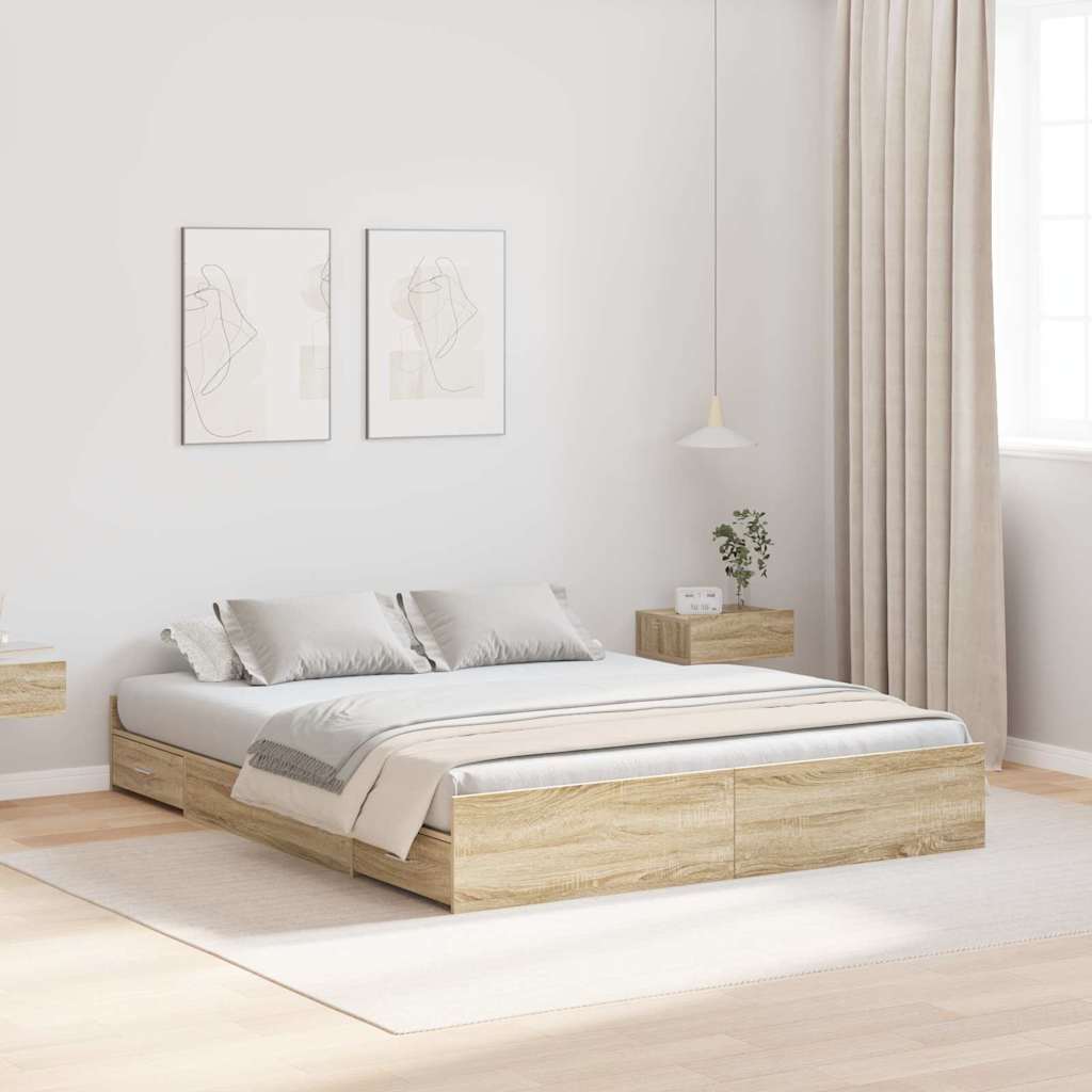 Storage Bed Frame with Headboard Sonoma Oak 140 x 190 cm