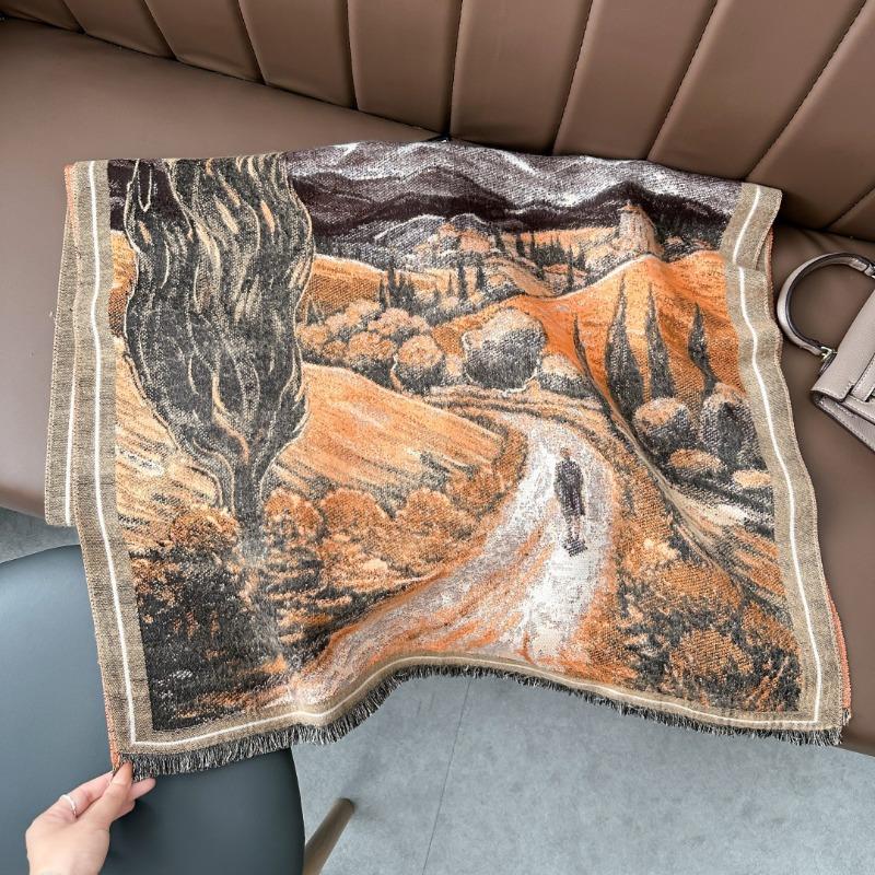 Van Gogh oil painting style imitation cashmere scarf women's high-end shawl versatile warm thickened shawl with extended air-conditioning blanket