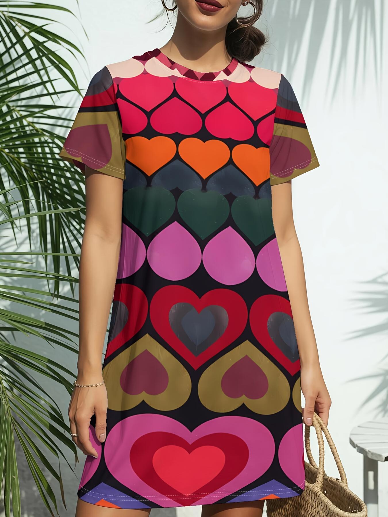 

Heart New Women S Round Neck Short Sleeve T-Shirt Dress. American Style Trendy Digital Print. Casual And Versatile for Spring And Summer. Elegant And 9XL