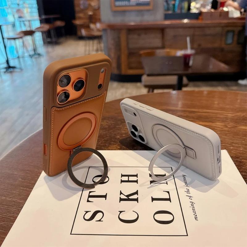 Business Leather Magnetic For Magsafe Bracket Stand Case For iPhone 17 16 Pro Max 15 14 13 12 Wireless Charging Silicone Cover
