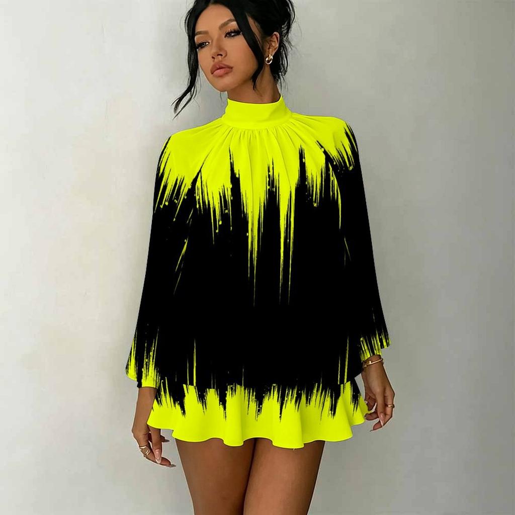 Women's 3D Gradient Brushstroke Print Mock Neck Long Sleeve Dress, Raglan Sleeve Fake Two Piece Mini Dress