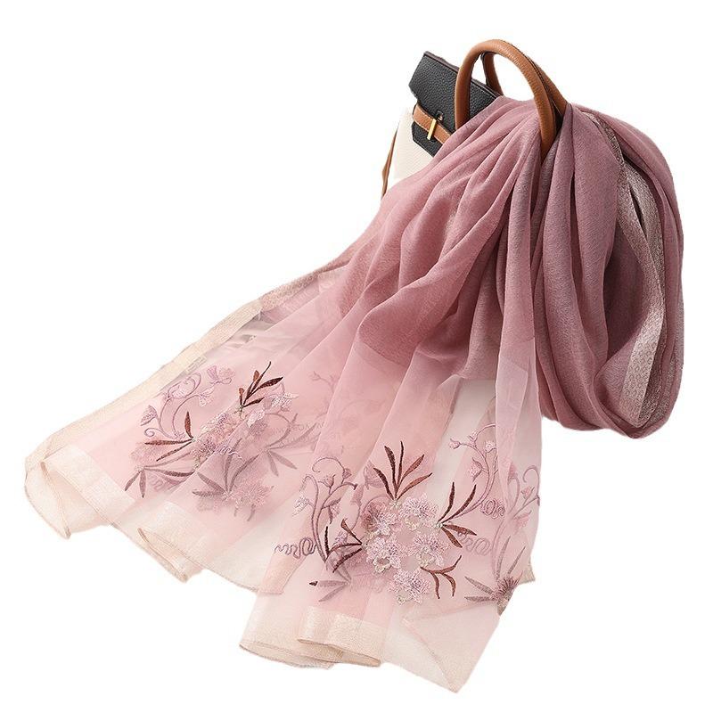 Four Season silk wool scarf women hijab pashmina shawls wrap Bandana Blanket Floral Pashmina Embroidery Scarves Foulard