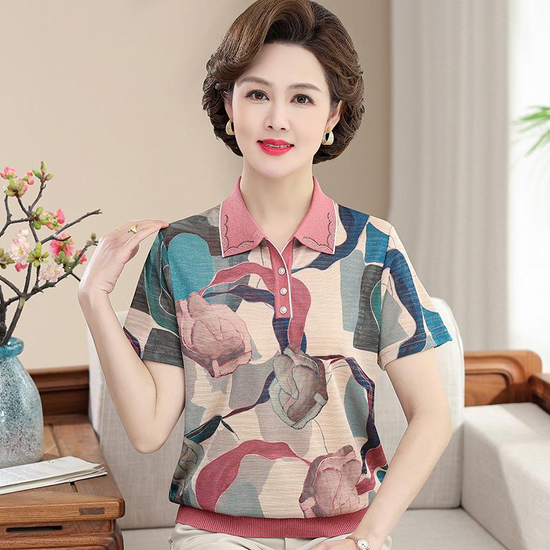 

Mom s 2026 Summer Ice Silk Floral Lapel Blouse for Middle-Aged Women - Stylish Short-Sleeved Top 3XL (recommended for 120-135 jin) розовый