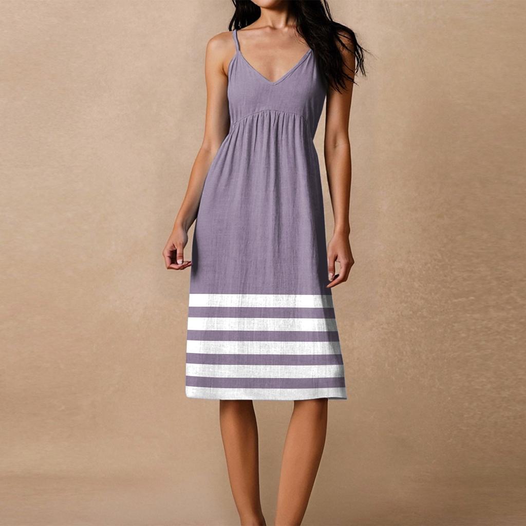 Women's Spaghetti Strap Backless Bow Loose Casual Beach Vacation Striped Printed Dress Sundress