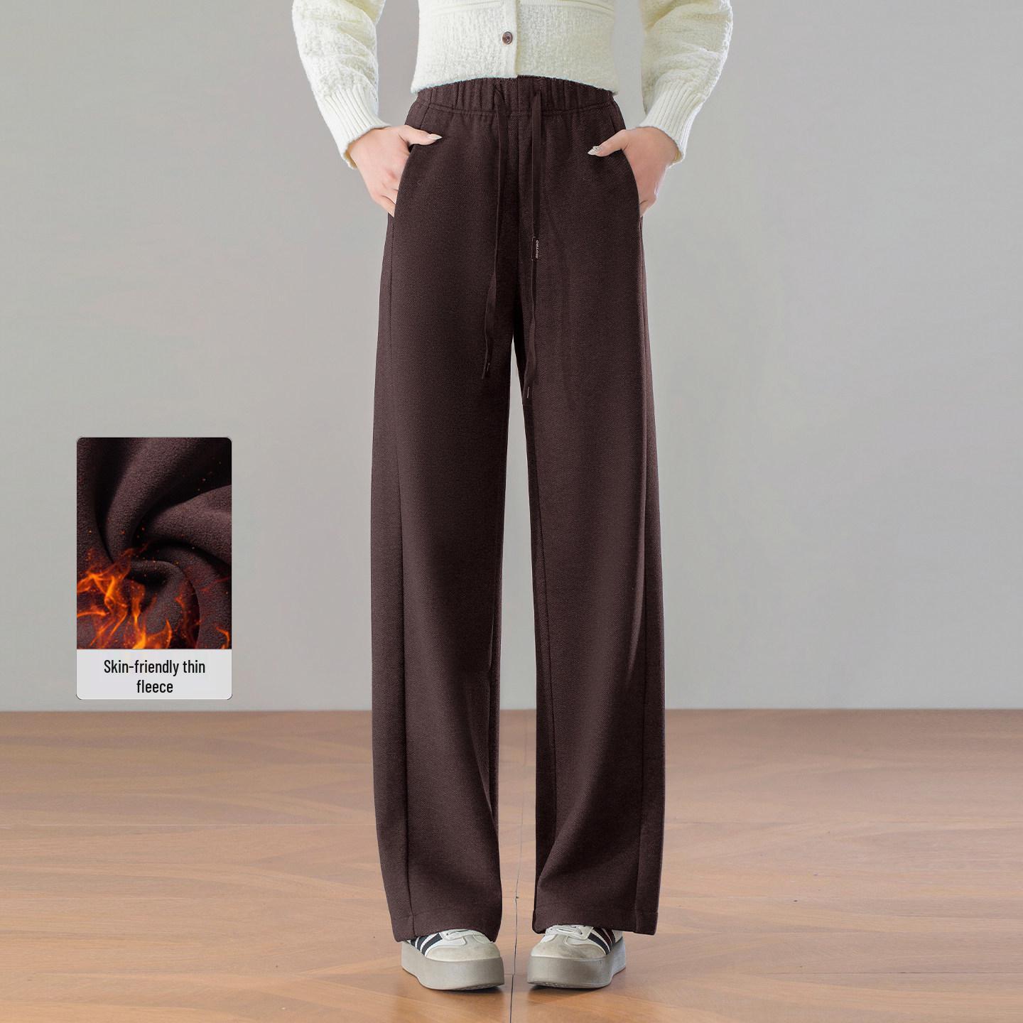 Women s Fleece-Lined Wool Wide-Leg Pants: High-Waisted, Elastic, Winter 2025 Arrival, Thick & Loose Fit 30 коричневый