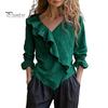 V-neck Women Top Tops V Neck Long Sleeve Ruffle Design Solid Color Commuter Blouse Loose Fit Work Party Casual Daily Wear Slim