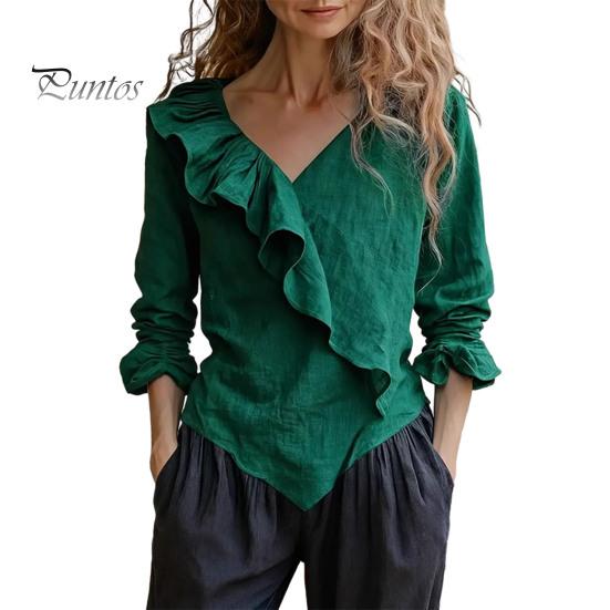 V-neck Women Top Tops V Neck Long Sleeve Ruffle Design Solid Color Commuter Blouse Loose Fit Work Party Casual Daily Wear Slim