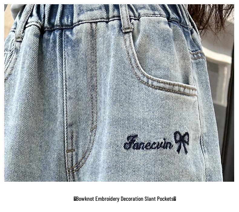 Girls' Spring 2025 Embroidered Butterfly Wide Leg Jeans - Korean Style Straight Leg Denim for Older Children
