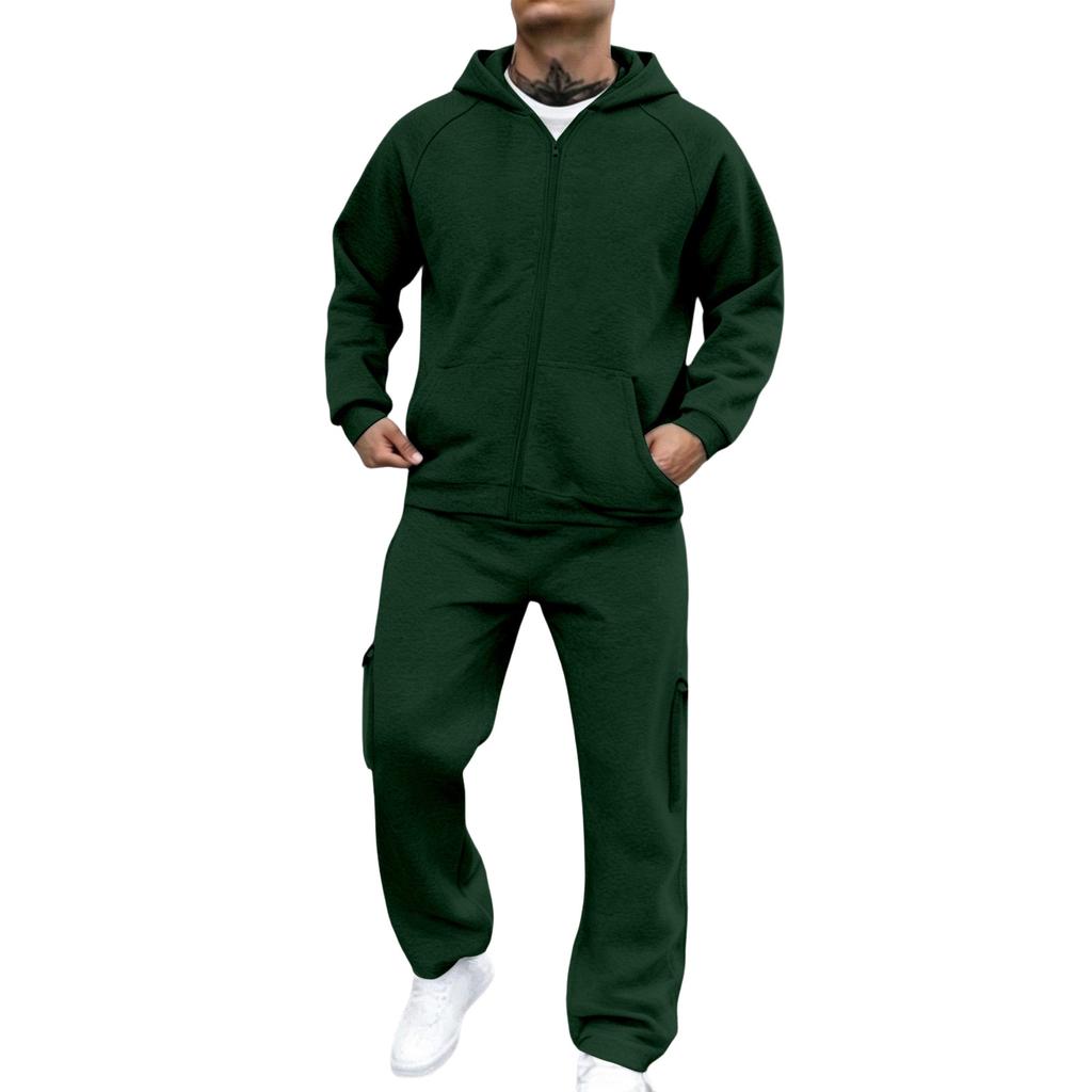 Men's Casual Two Piece Outdoor Set - Pullover Sweatshirt with Elastic Waist Cargo Pants