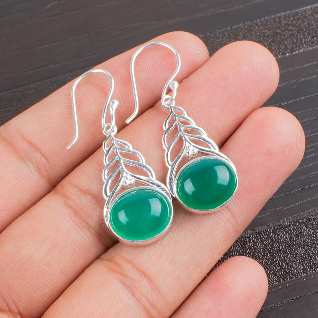 Green Onyx Cab Gemstone 925 Sterling Silver Jewelry Women Earrings1.64" For Gift CE-1-32