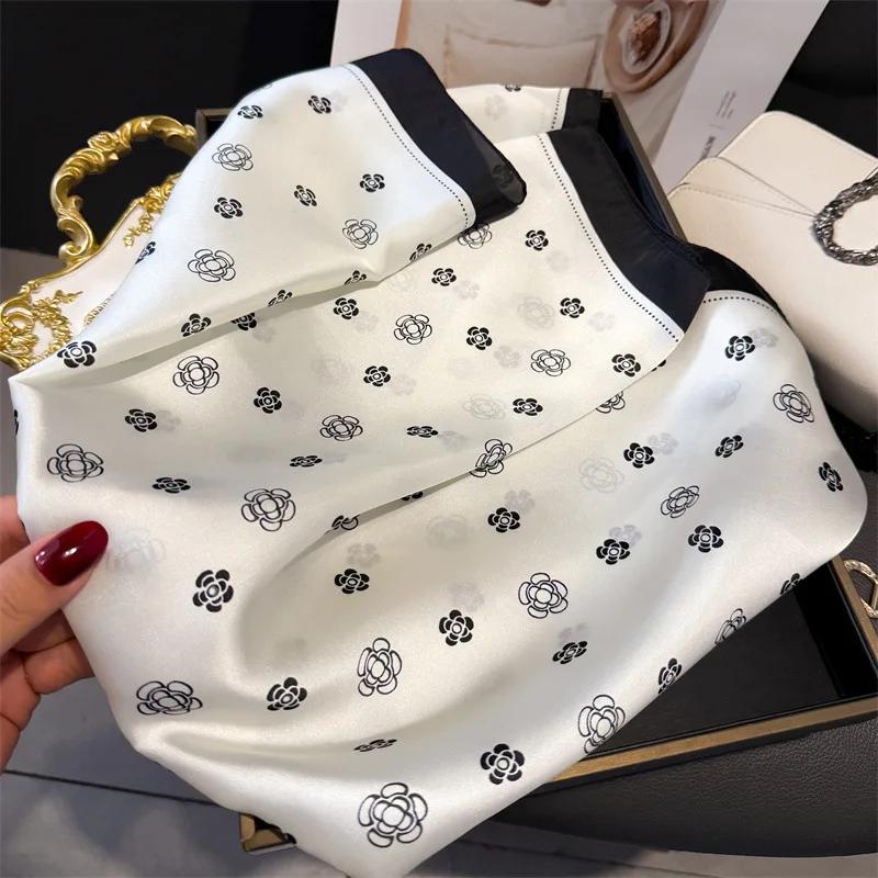 Luxury Brand 2025 Floral Print Square Silk Scarf for Women Hijab Hair Bands 70cm Neckerchief Female Satin Shawl Ribbon Headband