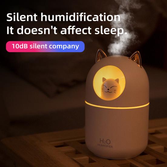 Umidificator USB Capacitate Mare 2 Moduri de Pulverizare Oprire Automată Zgomot Redus Umidificator de Aer în Formă de Pisică Difuzor de Uleiuri Esențiale cu Lumină de Noapte