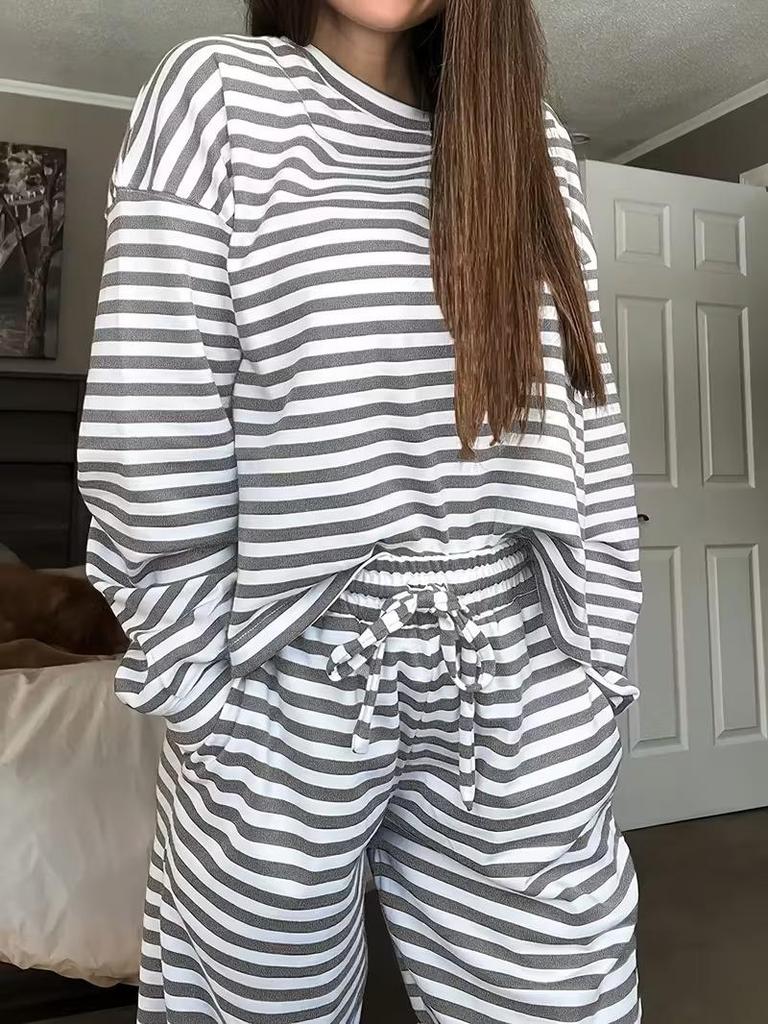 2025 Women's European & American Striped Long Sleeve Top & High Waist Trousers Fashion Set