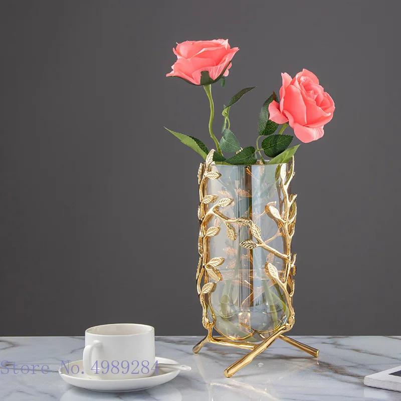 Glass Metal Vase Hollow Gold Metal Frame Branches Rattan Transparent Flower Vase Flower Arrangement Hydroponics Home Decoration