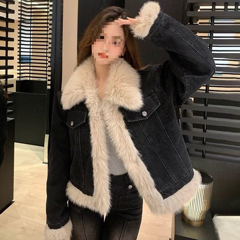 Thickened and thickened short cotton clothes plush denim jacket autumn and winter new fried street lamb splicing top