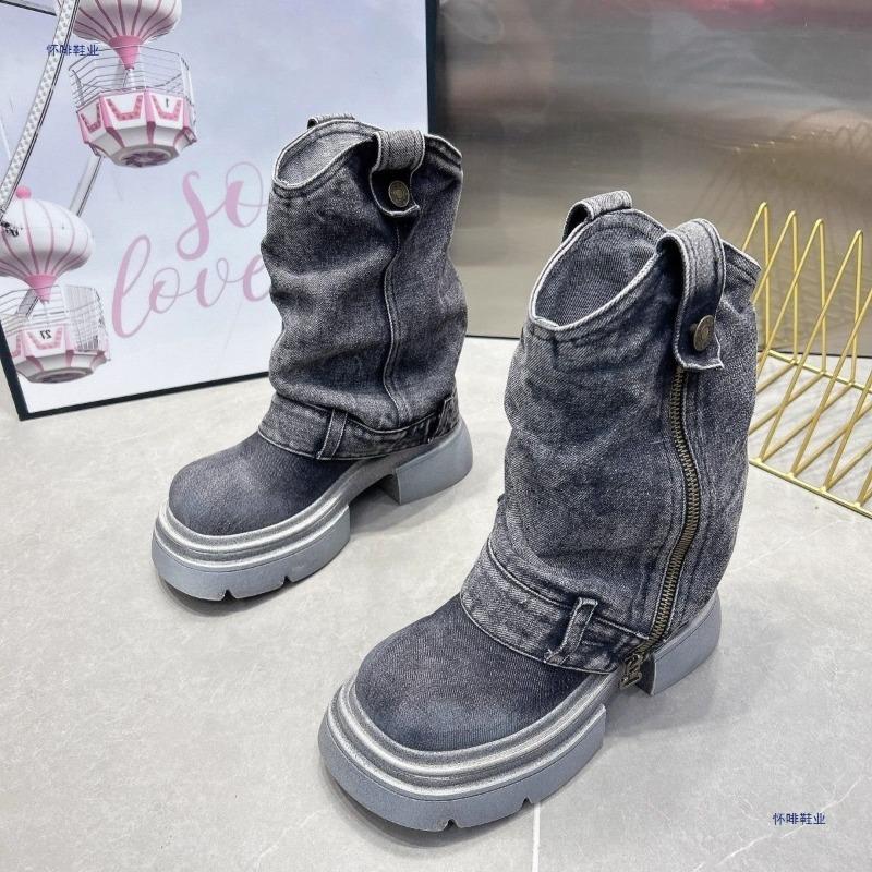 Women's Round Head Cowboy Boots Fashion Thick Sole Side Zipper Women's Casual Ankle Boots Trendy Classic Cowboy Platform Boots