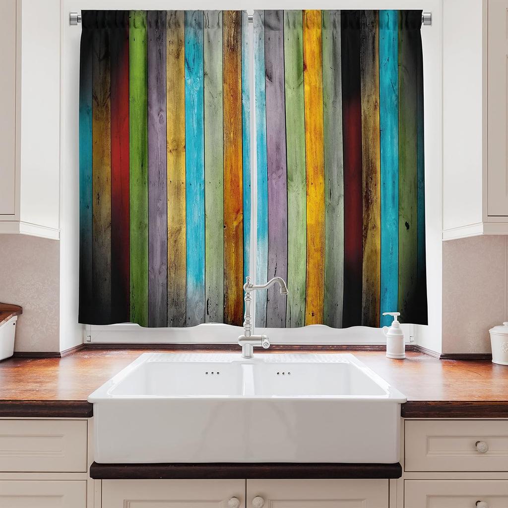 Lunarable Colorful Kitchen Curtains Vertical Wood Planks Carpentry Oak Timber Country Life Window Drapes Panel Set Curtain Rustic Polyester Washable