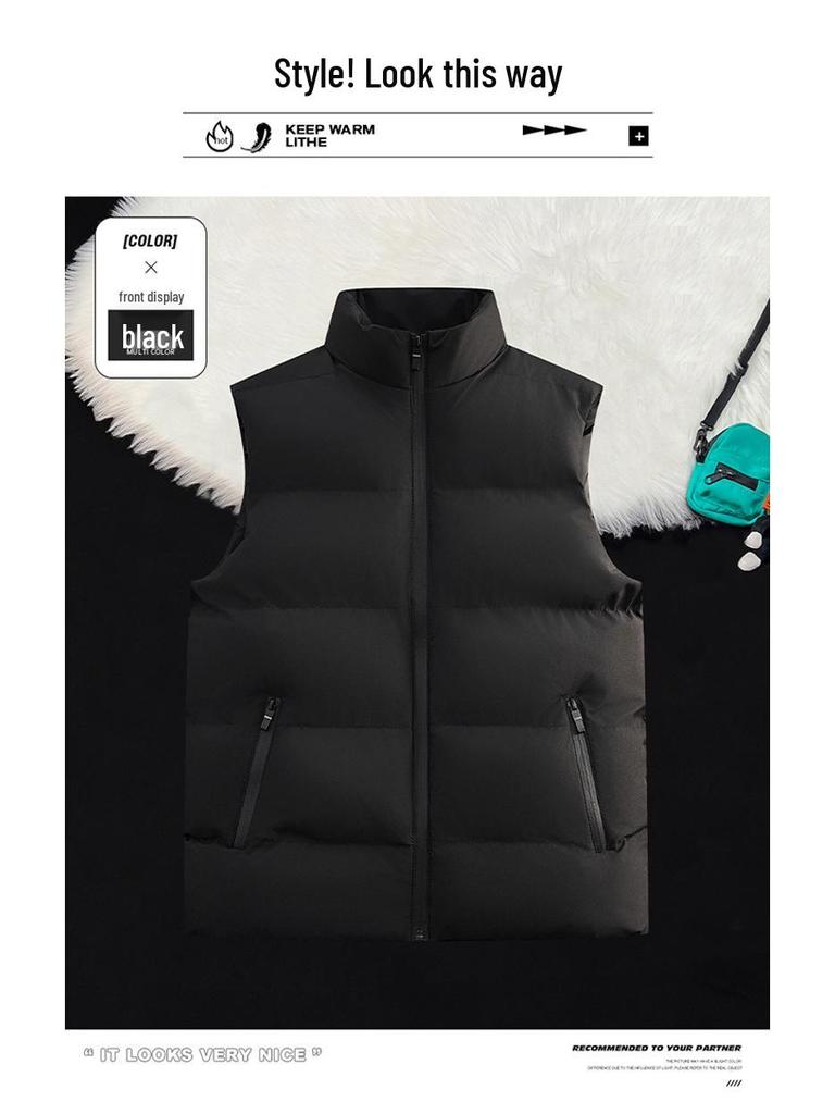 Men's Winter Stand Collar Thick Cotton Vest: Trendy, Windproof, Pure Color, Warm Shawl Jacket