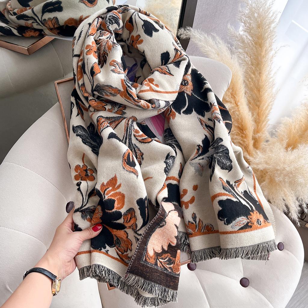 Luxury Winter Cashmere Scarf For Women Exquisite Floral Print Warm Pashmina Shawl Thick Cozy Blanket Wrap Foulard