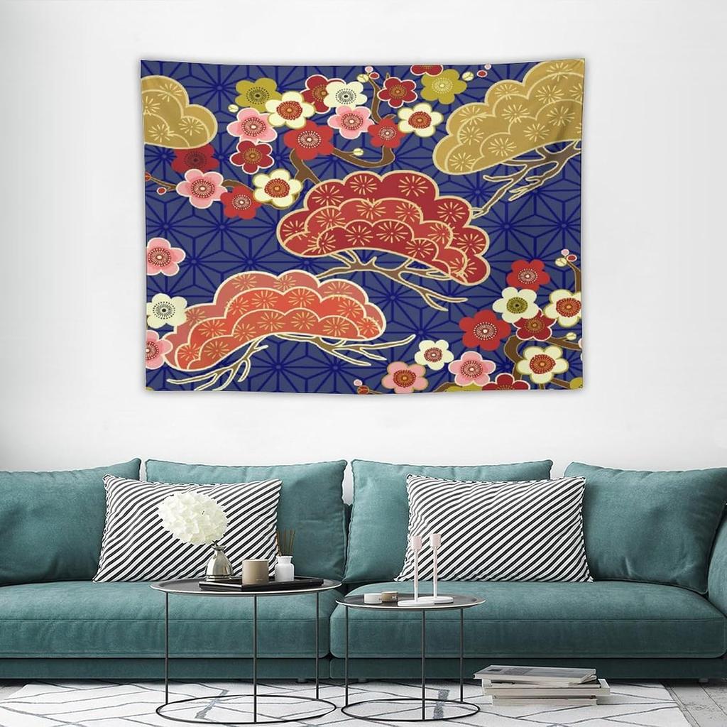Japanese Tapestry Cherry Blossom Crane Sea Wave Fuji Mountain Red Sun Pattern Printed Wall Tapestry Painting Wall Hanging for