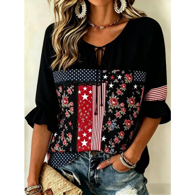 Women's Elegant Printed Lace-up Flared Top, Stylish and Versatile, Comfortable and Skin-friendly