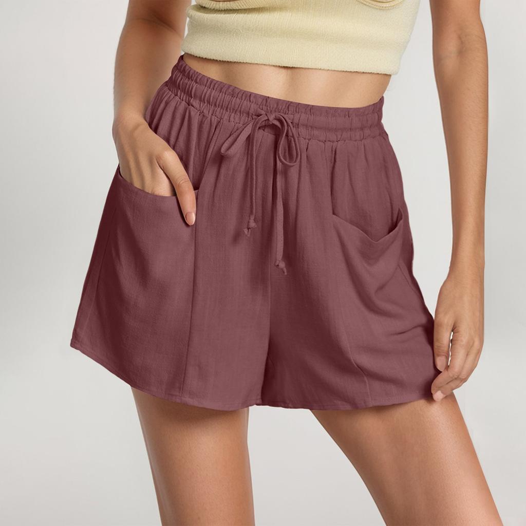 Shorts For Women Solid Color Casual Summer Drawstring Beach Loose Pocket Shorts