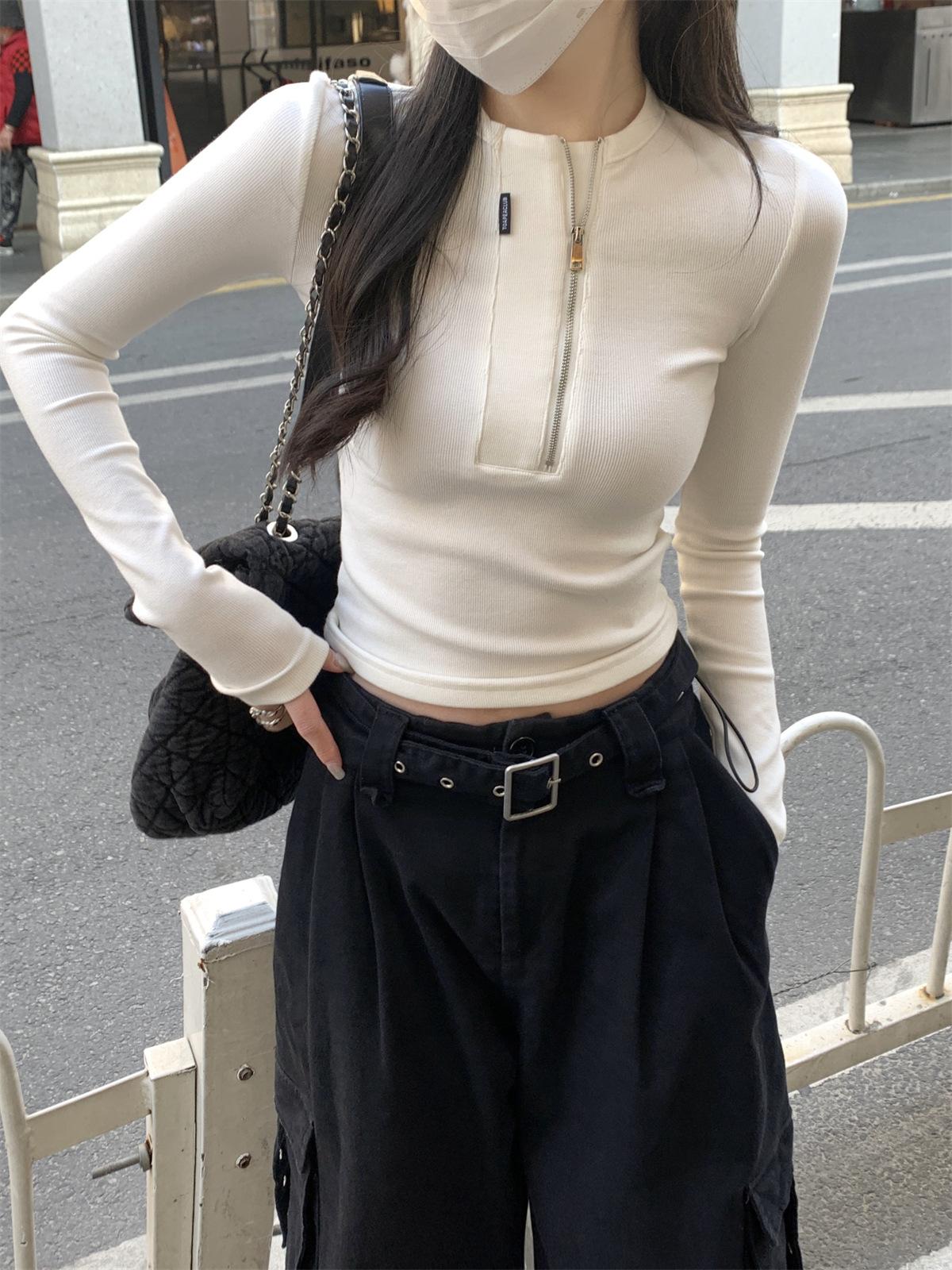 

Американская ранняя осень корейская версия тонкий дизайн молнии универсальный круглый вырез длинный рукав футболка женский модный топ S белый