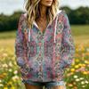 Women's Casual Floral Print Long Sleeve Hooded Jacket with Pockets and
