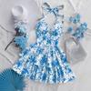 Summer Women's Fashionable Vacation Retro Blue and White Rose Printed Ruffled Dress