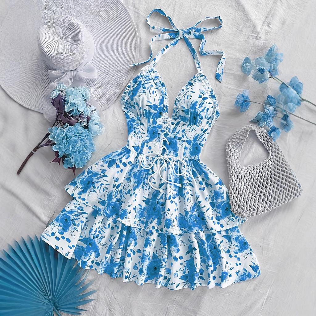 Summer Women's Fashionable Vacation Retro Blue and White Rose Printed Ruffled Dress