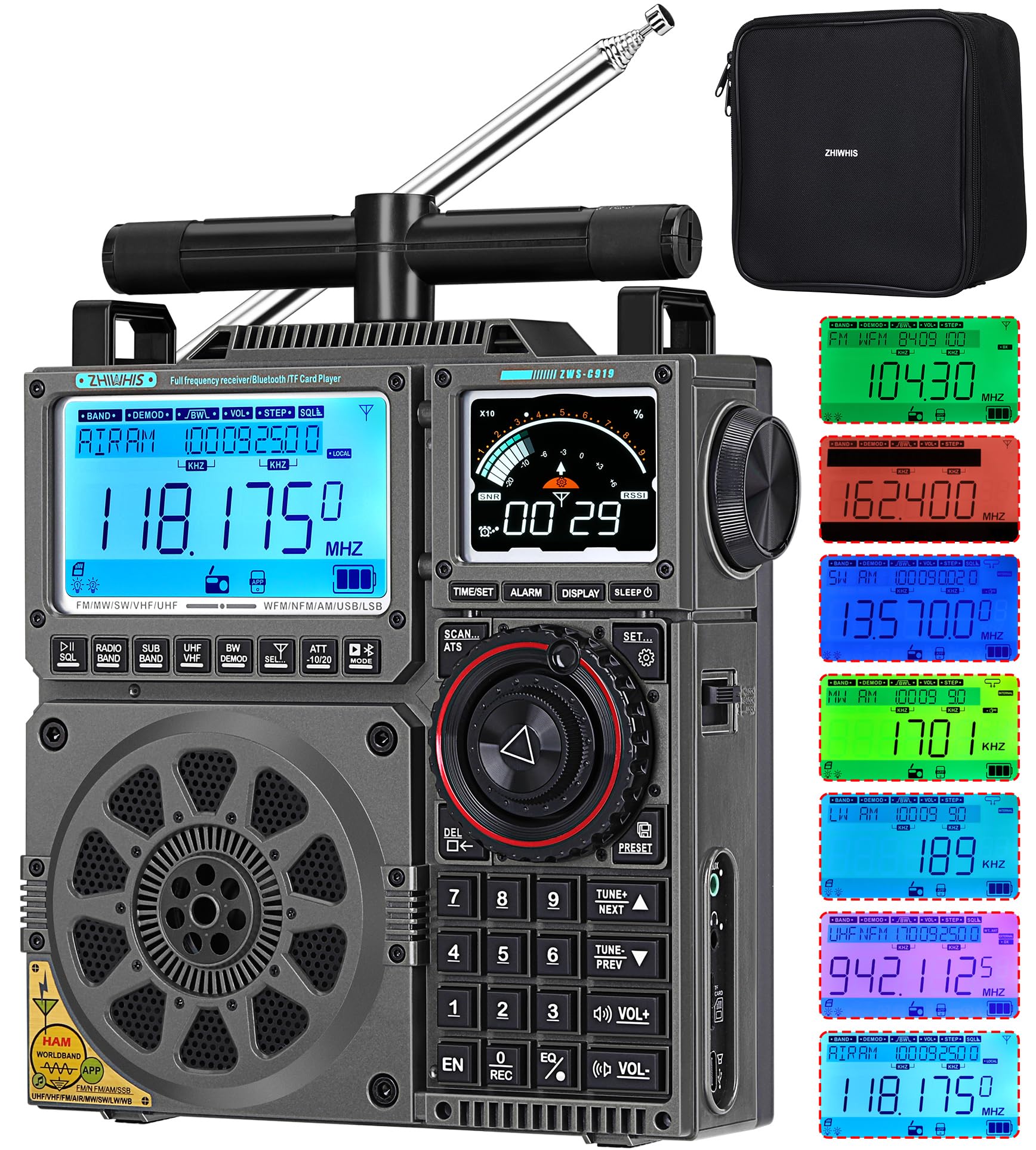 

ZHIWHIS BCL Radio SSB Високоефективне багатодіапазонне AM FM CB LW AIR VHF UHF SW SSB Airband приймач з антеною Bluetooth Додаток, сумісний з картою MicroSD