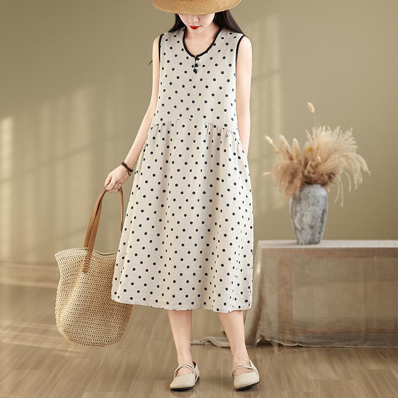Sleeveless Plus Size Cotton Linen Vintage Dot New In Dresses for Women Casual Loose Long Summer Dress