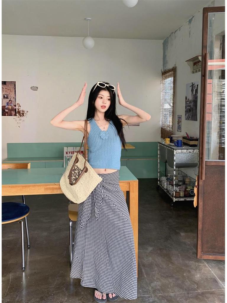 3D Kwiatowy Dekolt w Serek Dzianinowy Bez Rękawów Niebieski Top Tank - Damski Wyszczuplający Letni Design