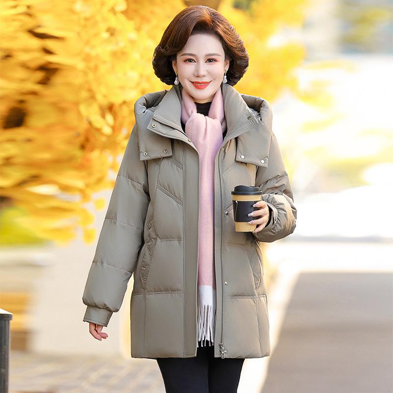 New Temperament Hooded Down Jacket Women's Long Winter Plus Size White Duck Down Jacket for Middle-aged and Elderly Grandma.