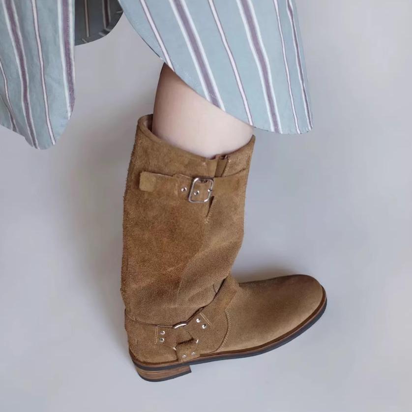 Cowhide version~ retro fashionable thick-soled western cowboy boots women's genuine leather round head turned fur tall Martin knight boots