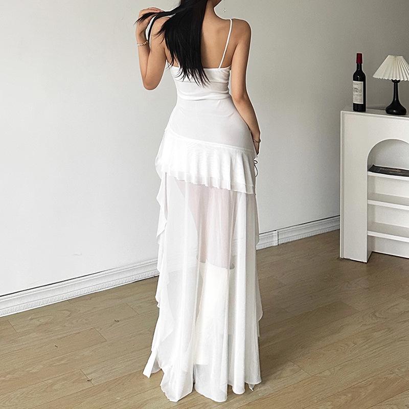 European-American Style 2024 Summer Solid Color Slim High-Waist One-Shoulder Spaghetti Strap Dress