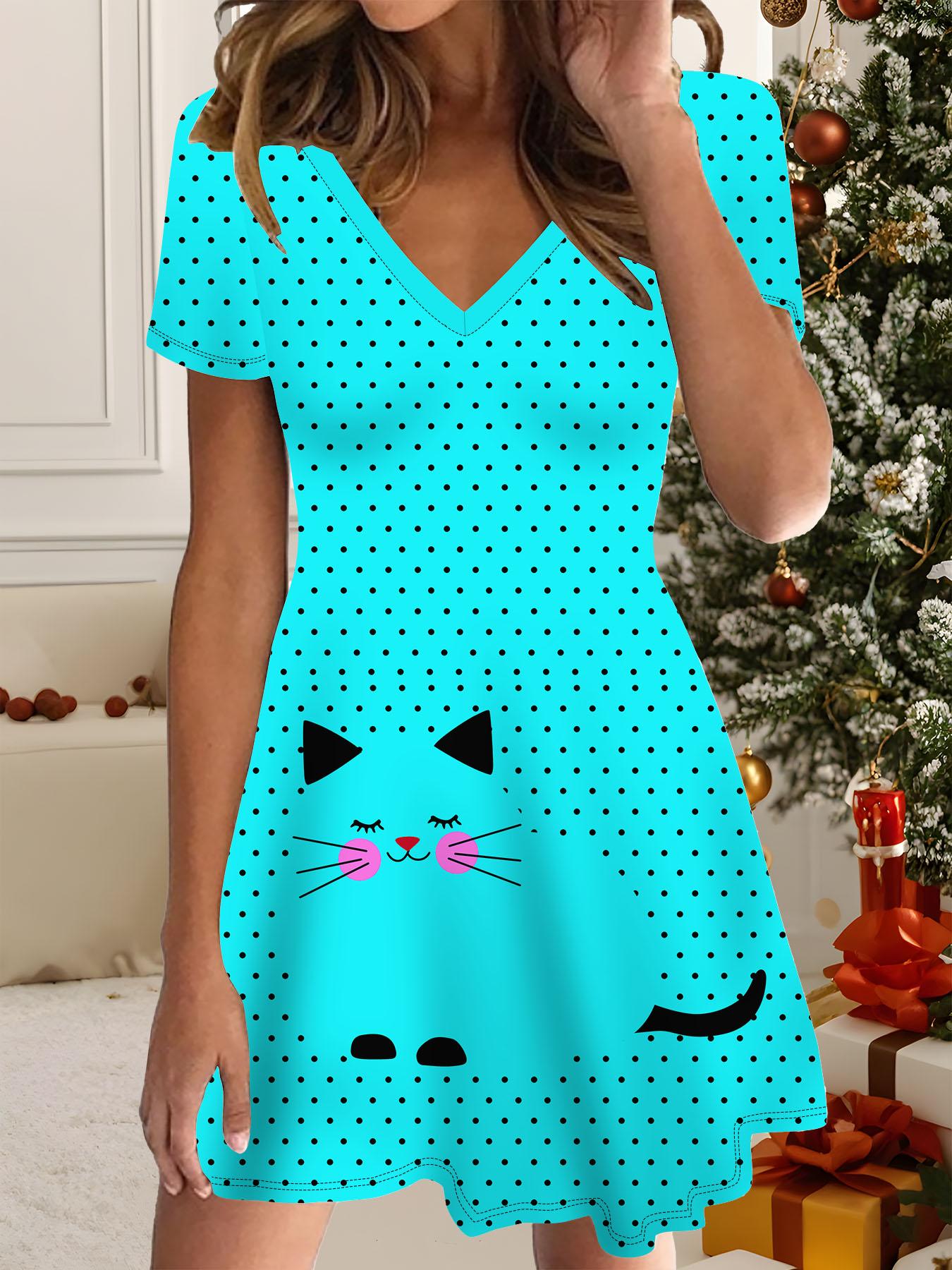 

Модное женское платье с V-образным вырезом и коротким рукавом, с принтом кошки, секси, короткое, платья 8XL синий