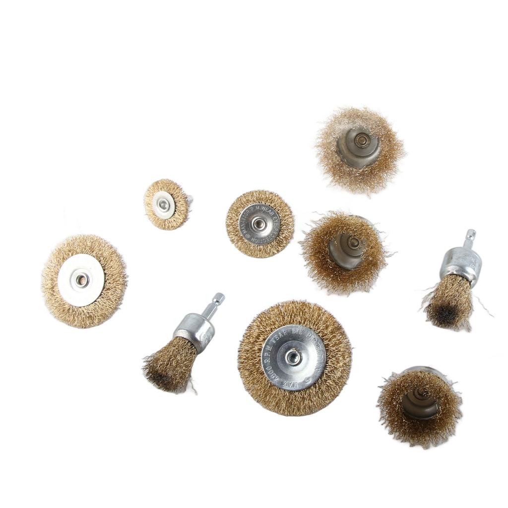 9Pcs Drill Wire Brush Wheel End Cup 14in Hex Shank Accessory Set Kit for Wood Metal