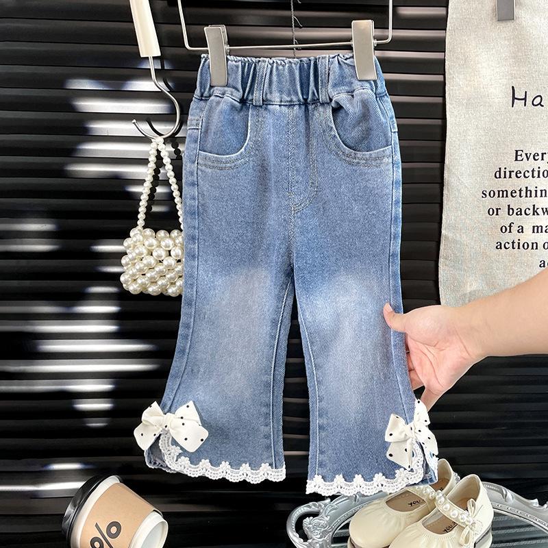 

Осень 2025 Джинсовые расклешенные брюки для девочек в корейском стиле с бантом - Универсальные и стильные длинные брюки 80