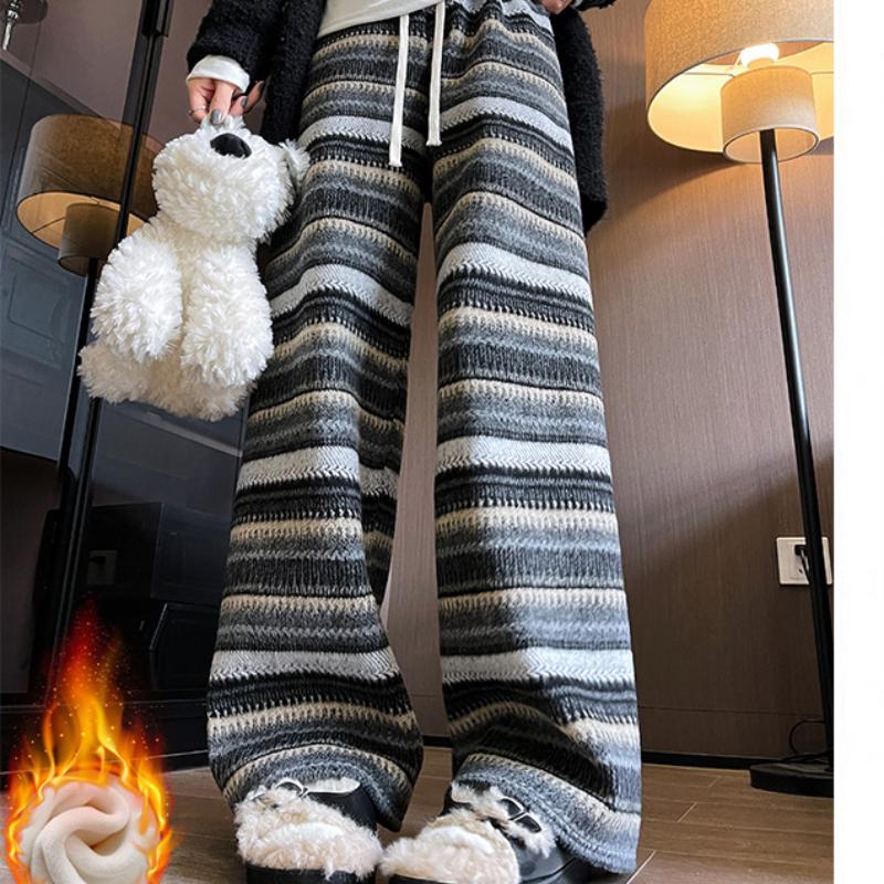 

Tweed Striped Plush Glutinous Rice Pants for Women In Autumn and Winter New Thickened Retro Casual Pants Straight and Narrow Wide-leg Pants S