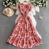French light and mature style temperament printed V-neck dress women's new elastic pleated waist thin ruffle edge dress