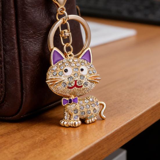 Keychain Pendant 3D Cartoon Cat Design Sparkling Rhinestones Inlaid Key Chain with Lobster Clasp Key Ring Bags Accessories