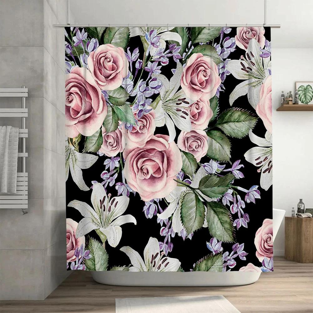 Floral Shower Curtain Pink Rose White Lilies Waterproof Polyester Bathtub Decorative Bathroom Window Curtains 3D Print Showercur