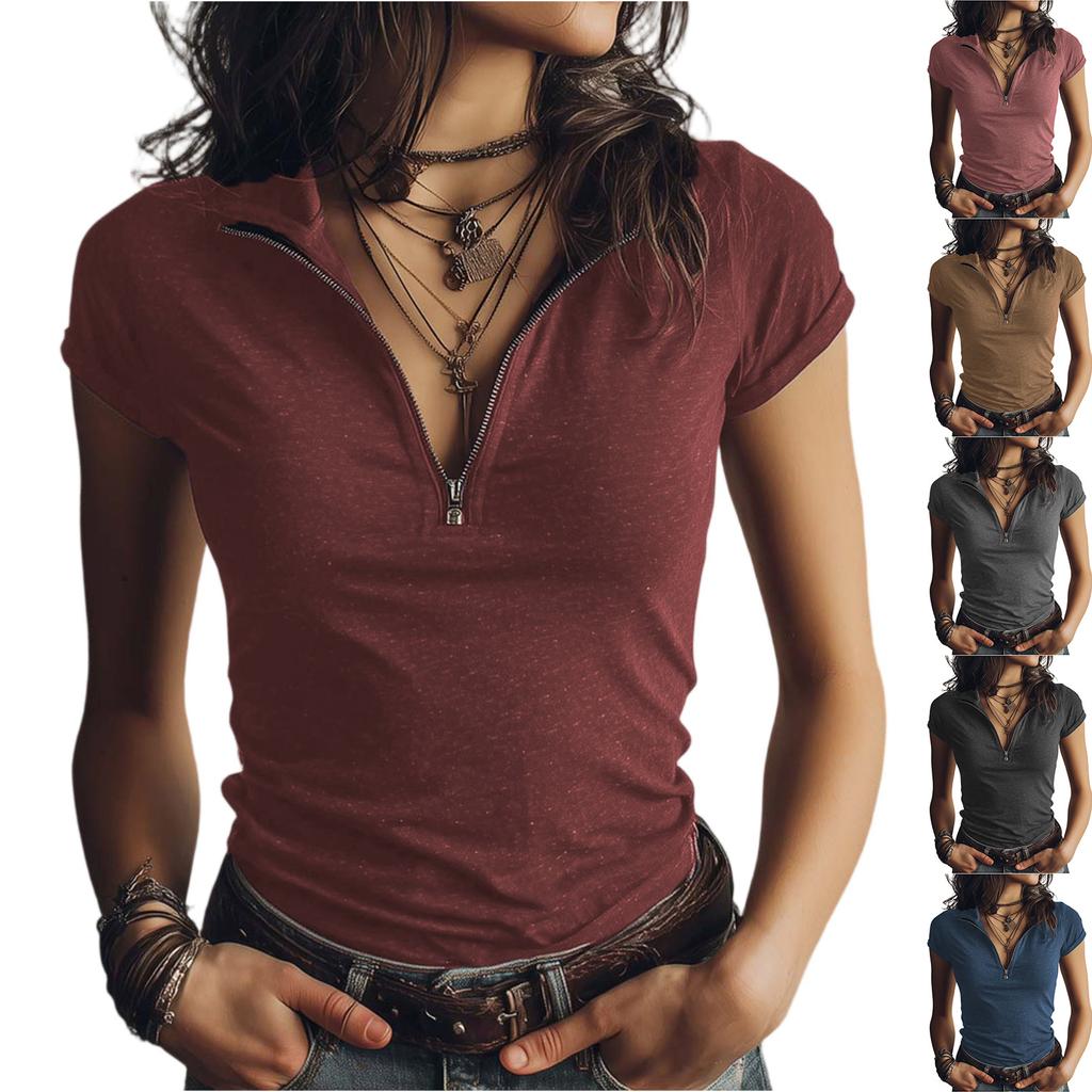 Women's Casual Fashion Zipper Collar Short Sleeve Top