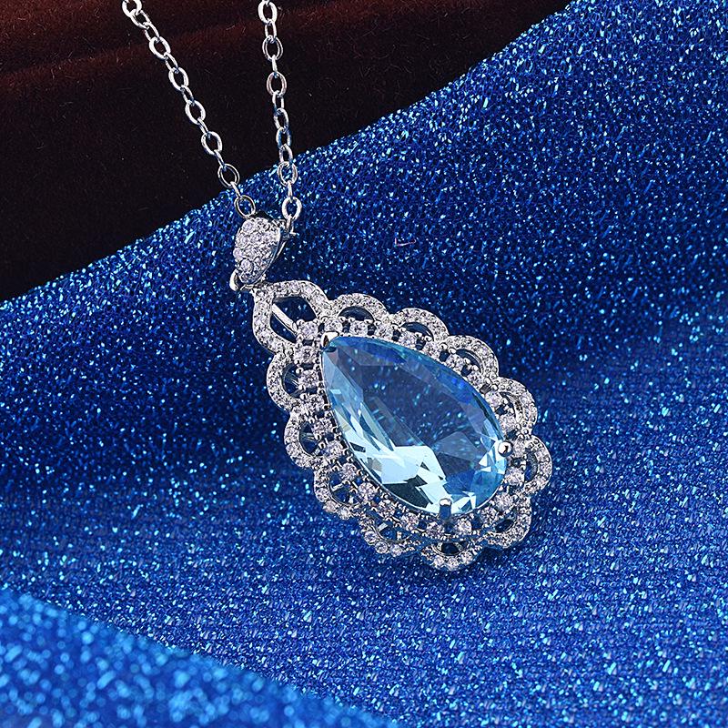 European & American Luxury Sea Blue Topaz Water Drop Pendant Necklace