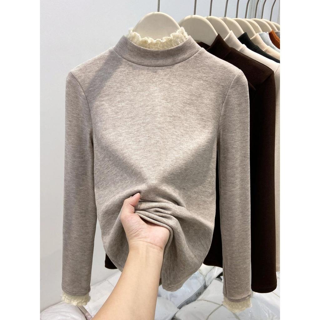 Women's Thick Warm Lace Half-Neck Base Layer Shirt, Autumn/Winter Long-Sleeve Inner Top, High-End Feel