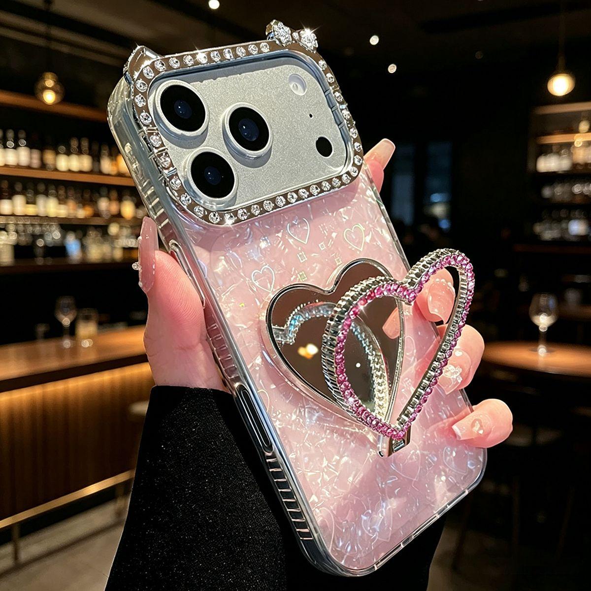 

Luxury Rhinestone Heart Mirror Stand for iPhone 17 Pro Max/16 Pro/13 Case 13