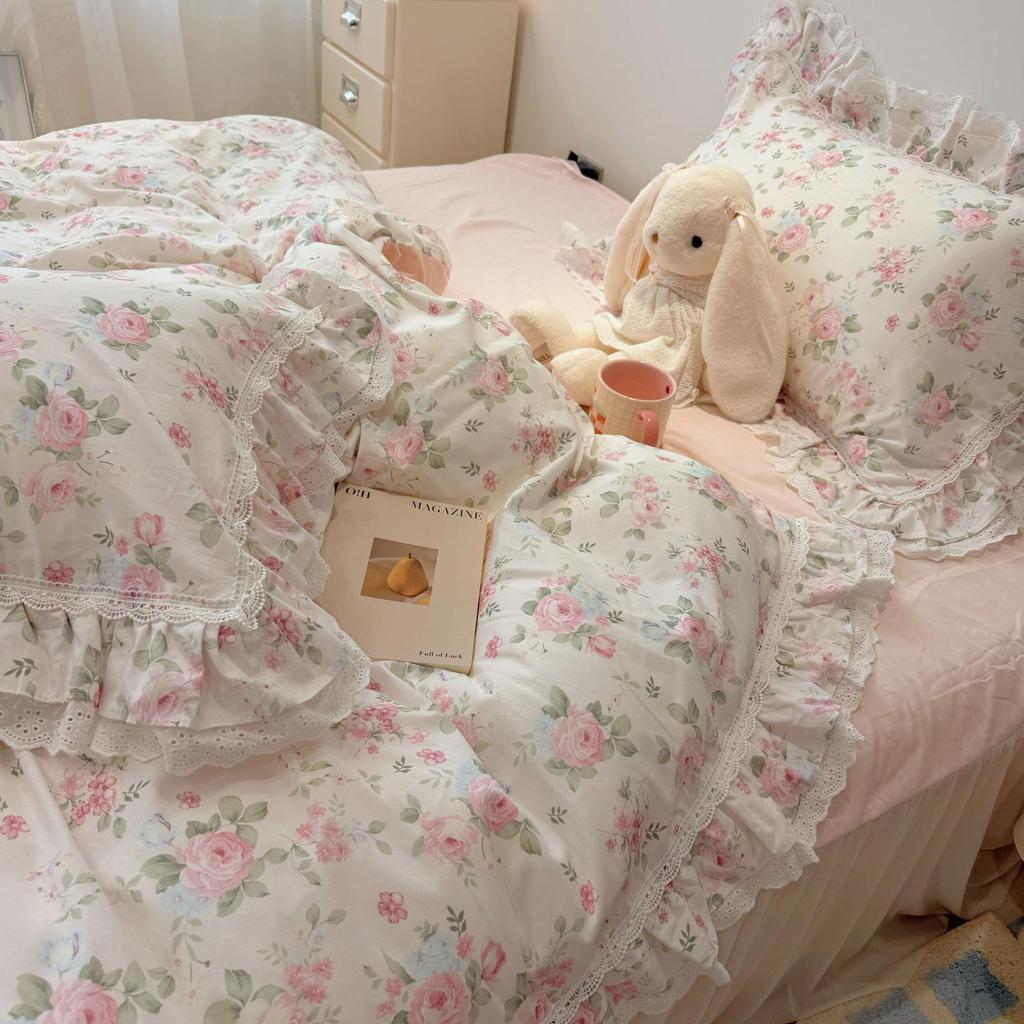 Korean Style Girlish Lace Cotton 4-Piece Princess Bedding Set for 1.8m Bed